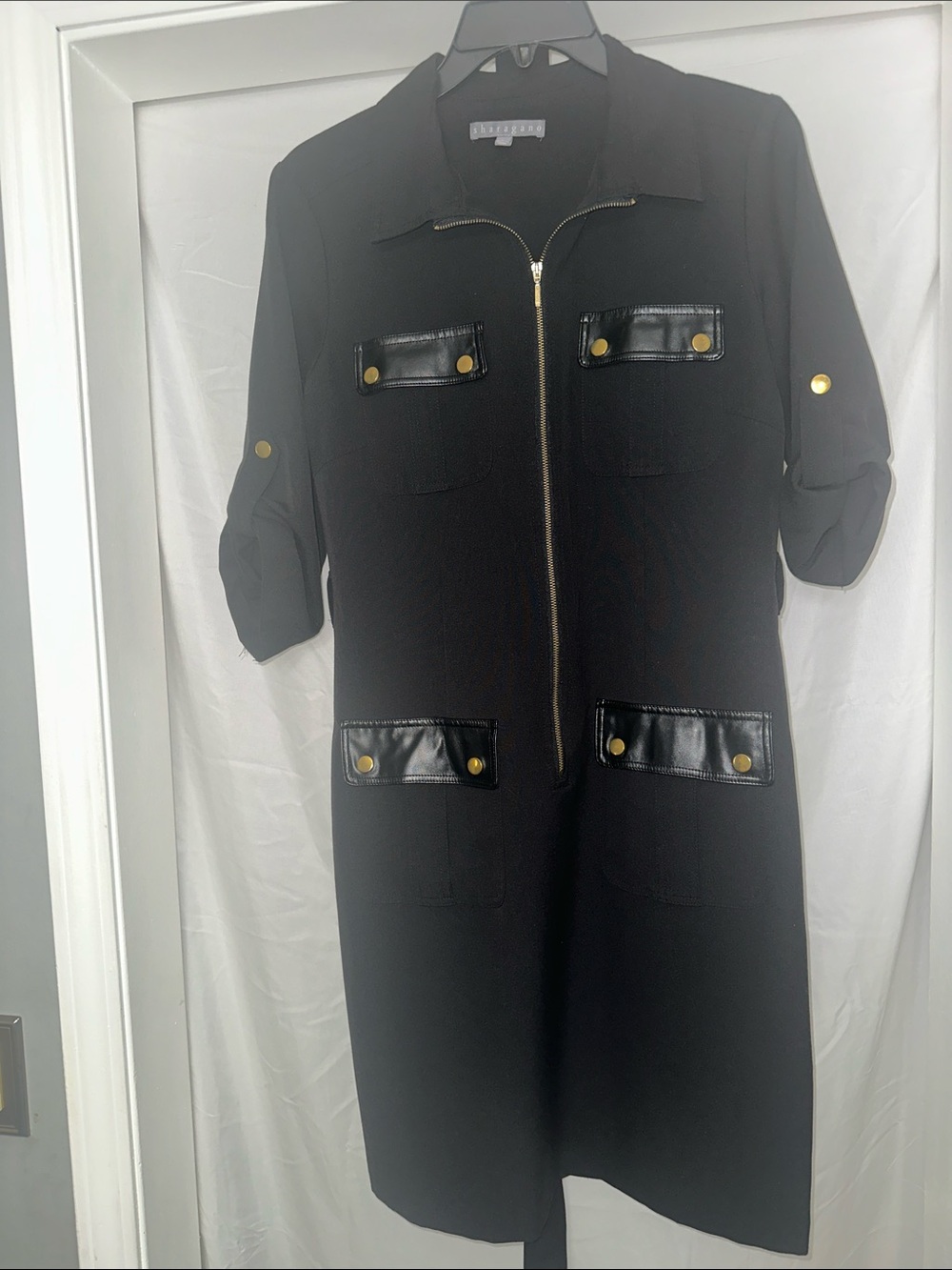 Sharagano Black Utility Jacket Dress with Gold Hardware